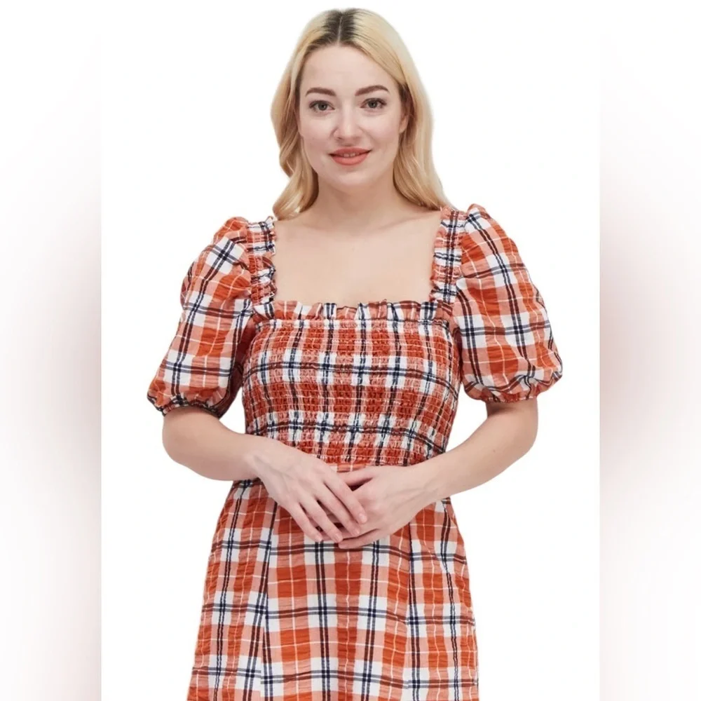 Fall Plaid Dress Smocked Bohemian Maxi Dress Orange Navy Combo Size M - Picture 3 of 11